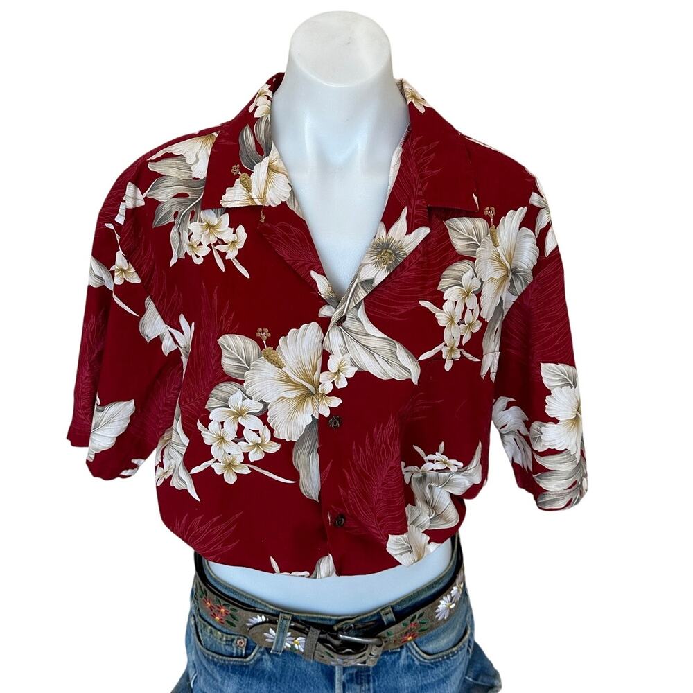 Hawaiian Shirt Button Down Crop Top One Size Boxy Coconutgirl Sunset Cotton Red